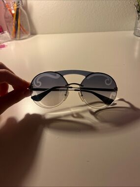 Prada Silver Metal Round Sunglasses with Blued/Gray Gradient Lenses + case